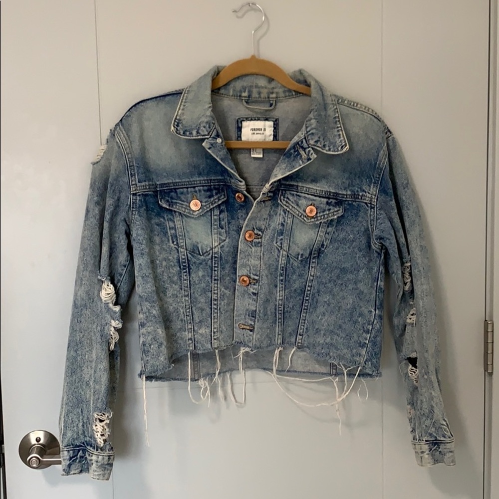 Distressed semi cropped jean jacket